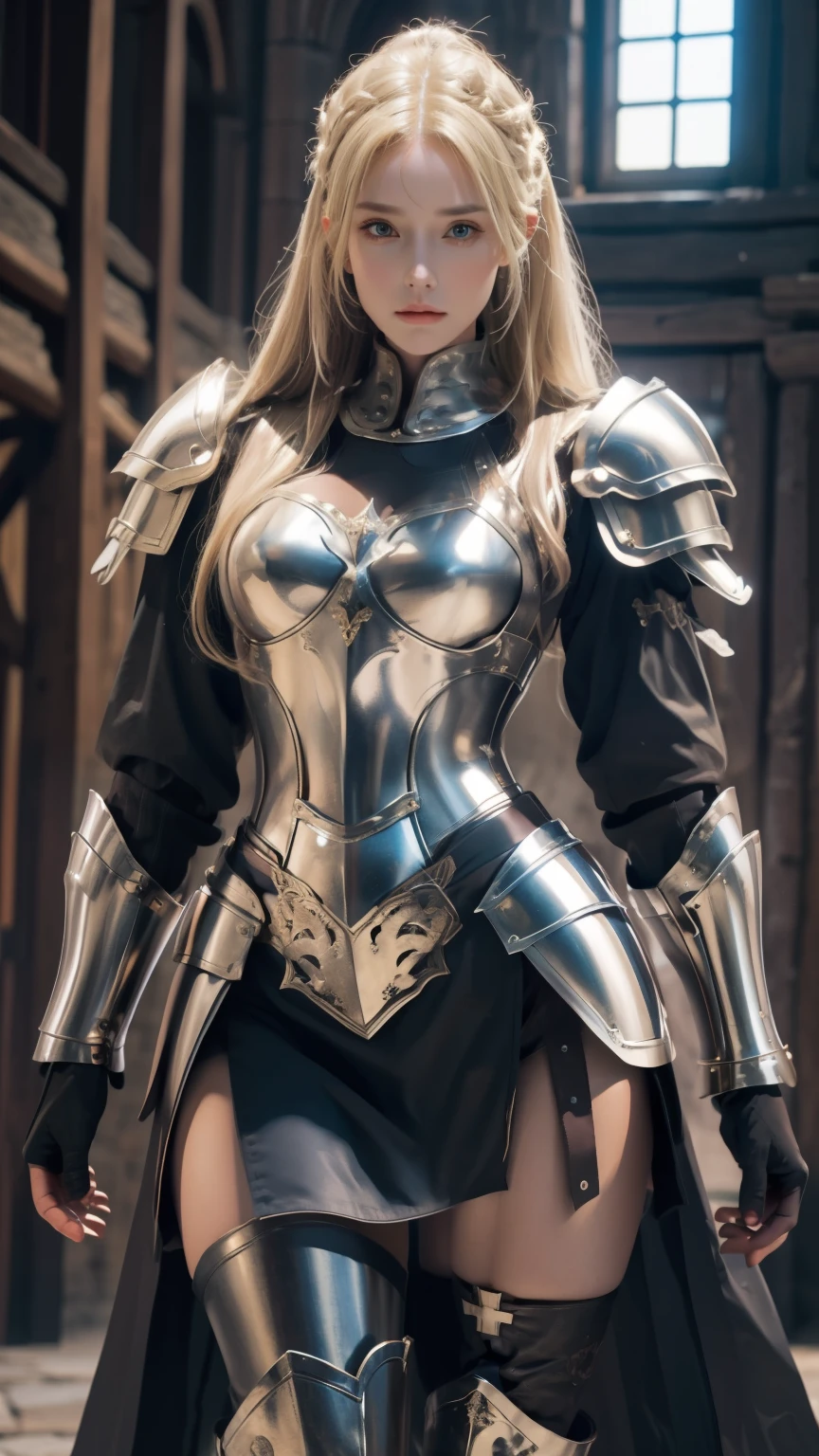 (((medieval image)))､tmasterpiece，High-definition CG diagram，Beautiful female warrior，Detailed eyes and face，Tall figure，The blonde，Full armor attire，Extra-long boots，Wear knee-length boots，Over-the-knee stockings，Brilliant armor colors，Exquisite decoration，General temperament，Tall figure，Wide buttock，Thick legs，A majestic sight，Stand in the war