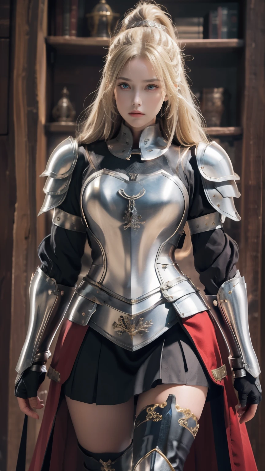 (((medieval image)))､tmasterpiece，High-definition CG diagram，Beautiful female warrior，Detailed eyes and face，Tall figure，The blonde，Full armor attire，Extra-long boots，Wear knee-length boots，Over-the-knee stockings，Brilliant armor colors，Exquisite decoration，General temperament，Tall figure，Wide buttock，Thick legs，A majestic sight，Stand in the war