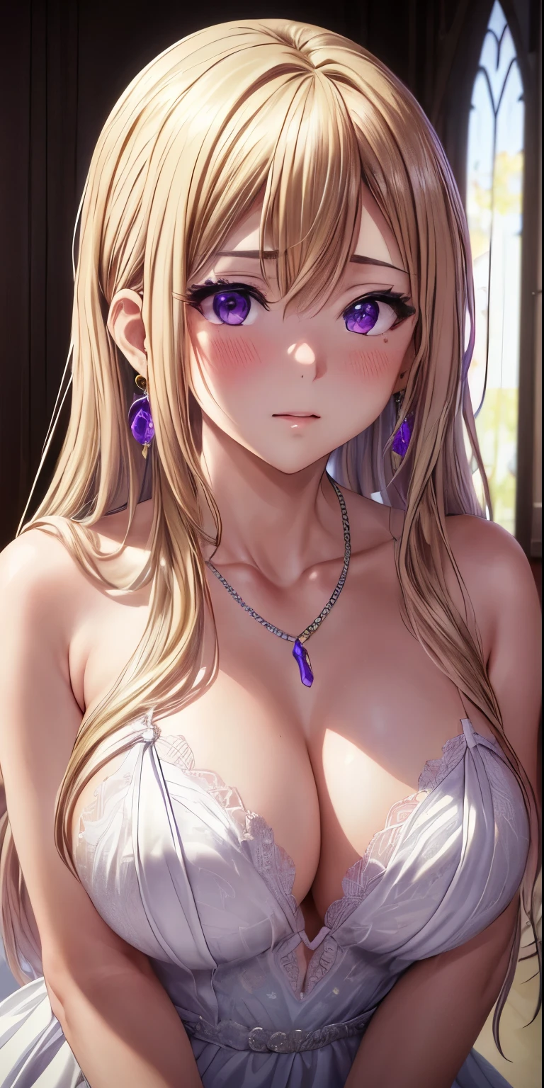 masterpiece, (best quality), 1woman,1girl ,1boy,,kawakami_mai,    blonde hair,  long hair, hair let down,  purple eyes, formal dress, white dress,   jewelry, necklace, earrings, large breasts, mole under eye,sexy woman, embarrassed,blush,  formal event,   vibrant colors ,,natural lighting  ,RTX,  , beautiful, (detailed face:1.2), showcase, (perfect eyes:1.1) ,(photorealistic:1.1), 8k uhd,  looking at viewer, indoors,  simple backround