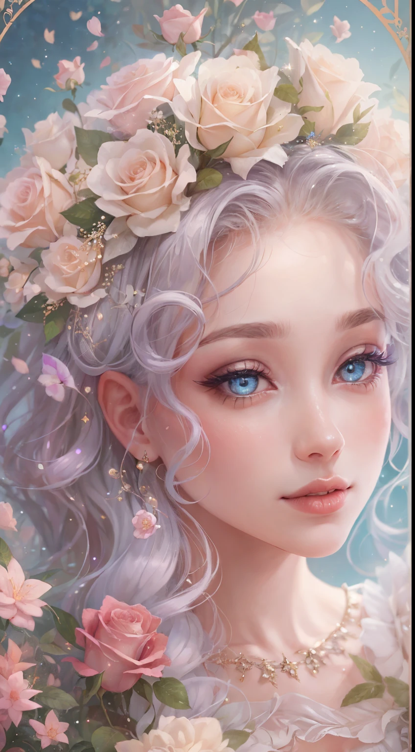 Create a realistic fantasy scene featuring a proud woman in an enchanted pastel garden. She wears a French silk ballgown adorned with ruffles and bows. Her face, highly detailed with soft lips, shines with intricate features and stunning eyes. Surround her with eternal roses in shimmering shades. Add whimsical details like stars, bubbles, and glitter for an enchanting touch. Ensure perfection in her face, hair, and eyes. Incorporate elements of high fantasy, whimsy, and detailed elegance.