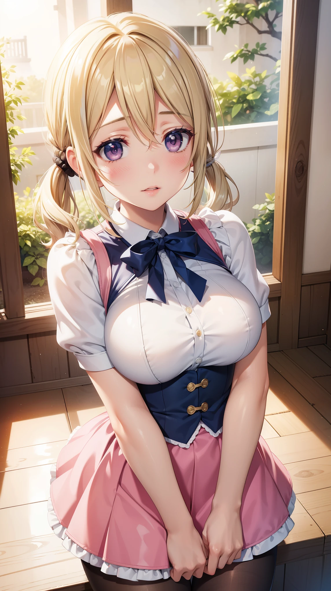 1girl, natural lighting, masterpiece, highly detailed, illustration, game CG, absurdres, high quality, beautiful detailed eyes, glossy lips, natural lighting, medium breasts, blonde hair, low twintails, bangs, hair between eyes, arisa ayase, aahiyori, short hair, leotart, pink pantyhose