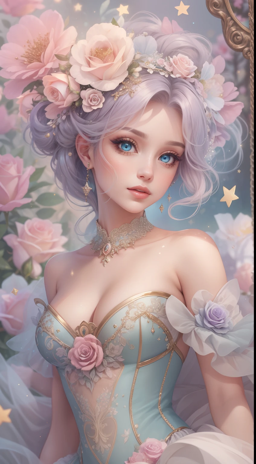 Create a realistic fantasy scene featuring a proud woman in an enchanted pastel garden. She wears a French silk ballgown adorned with ruffles and bows. Her face, highly detailed with soft lips, shines with intricate features and stunning eyes. Surround her with eternal roses in shimmering shades. Add whimsical details like stars, bubbles, and glitter for an enchanting touch. Ensure perfection in her face, hair, and eyes. Incorporate elements of high fantasy, whimsy, and detailed elegance.
