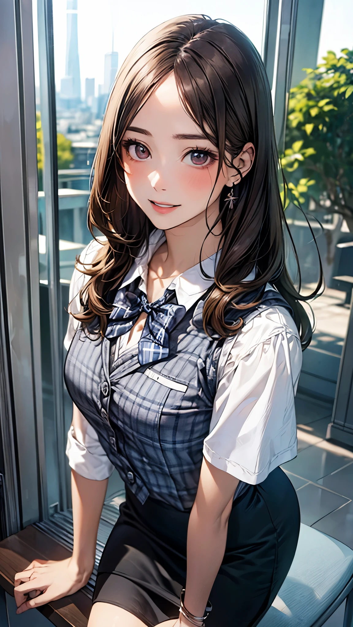 (masterpiece:1.2, top-quality), (realistic, photorealistic:1.4), beautiful illustration, (natural side lighting, movie lighting),
looking at viewer, full body, front view:0.6, 1 girl, japanese, office worker, reception, perfect face, cute and symmetrical face, suntan, shiny skin,
(middle hair, straight hair, light brown hair), forehead, brown eyes, long eye lasher, (medium breasts), slender,
beautiful hair, beautiful face, beautiful detailed eyes, beautiful clavicle, beautiful body, beautiful chest, beautiful thigh, beautiful legs, beautiful fingers,
(white and grey checked vest:1.2), (navy pencil skirt), bow tie,
(beautiful scenery), big break, (modern office indoors), cityscape of windows, (lovely smile, parted lips),