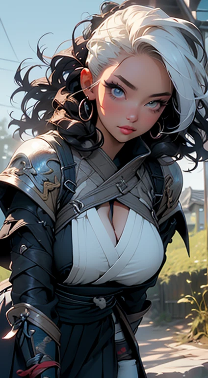 PERFECT MASTERPIECE, EXTREMELY DETAILED CG UNITY 32K UHD QUALITY RESOLUTION WALLPAPER, PHOTOREALISTIC, RAW PHOTO, PERFECT PHOTOGENIC CLARITY, OFFICIAL ART, AWARD-WINNING PORTRAIT, ULTRA HYPER-REALISTIC, ULTRA HYPER-DETAILED, SHINY REALISTIC SKIN, RAY TRACING, UNREAL ENGINE 5.8K, GLOWING AMBIENT LIGHT, The most beautiful and sexy samurai warrior girl, very long platinum white hair, vibrant moonlight eyes, long detailed eyelashes, blushing, full pouting pink lips, curvy body type, full hips, super huge enormously gigantic tits, cleavage showing, gigantic  bursting out, wearing highly detailed samurai battle armor with sashimono war flag, (leaning forward arching her back in a sexy seductive slutty pose:1.3), looking at the viewer, full body portrait, cowboy shot depth of field, sexy seductive slutty facial expression, cherry blossoms blowing in the wind, cosmic aesthetic atmospheric feudal Japan background