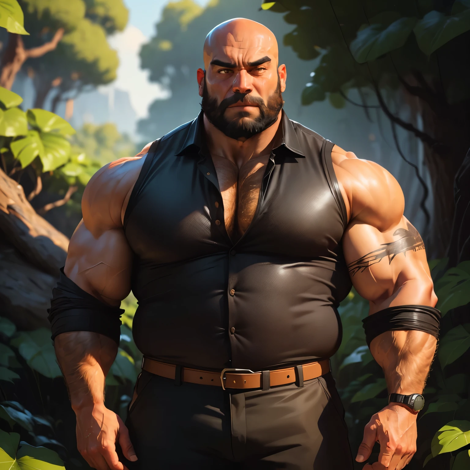 an exaggeratedly muscular and large bodyguard, grizzly old man, (bald: 1.2), beard, tan skin, (scars on face: 1.1), (suspicious expression: 1.1), (wearing black collared shirt: 1.2), unbuttoned, pants with belt, (crotch bulge: 1.2), (bara pecs: 1.3), (hairy chest and forearms: 1.2), portrait HD, in the jungle