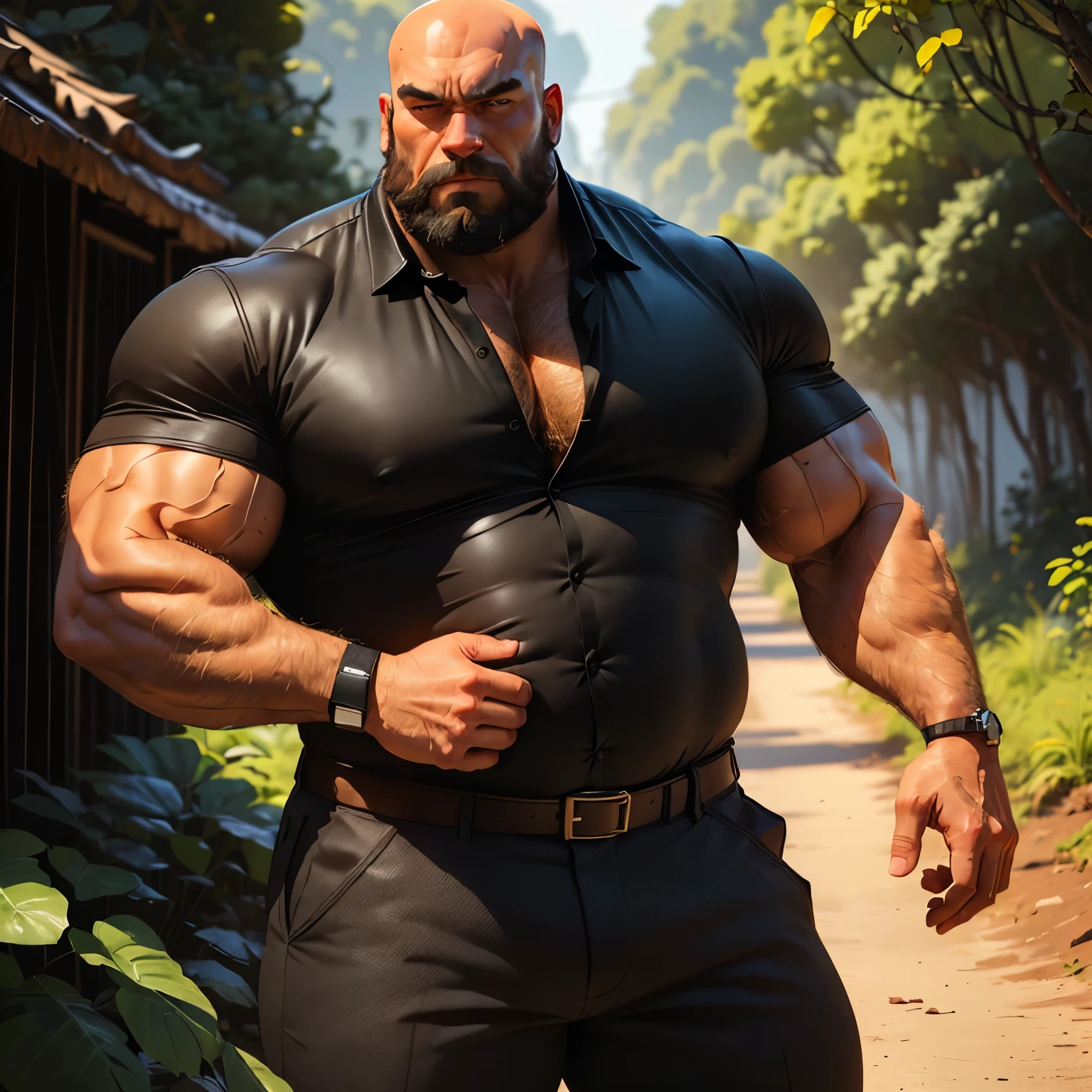 an exaggeratedly muscular and large bodyguard, grizzly old man, (bald: 1.2), beard, tan skin, (scars on face: 1.1), (suspicious expression: 1.1), (wearing black collared shirt: 1.2), unbuttoned, pants with belt, (crotch bulge: 1.2), (bara pecs: 1.3), (hairy chest and forearms: 1.2), portrait HD, in the jungle