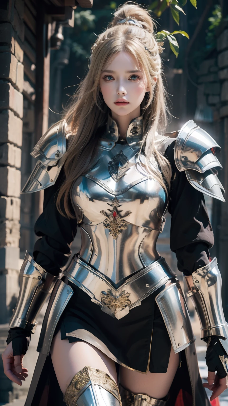 (((medieval image)))、tmasterpiece,High-definition CG diagram,Beautiful female warrior,Detailed eyes and face,Tall figure,The blonde,Full armor attire,Extra-long boots,Wear knee-length boots,Over-the-knee stockings,Brilliant armor colors,Exquisite decoration,General temperament,Tall figure,Wide buttock,Thick legs,A majestic sight,Stand in the war、(((Outdoor)))