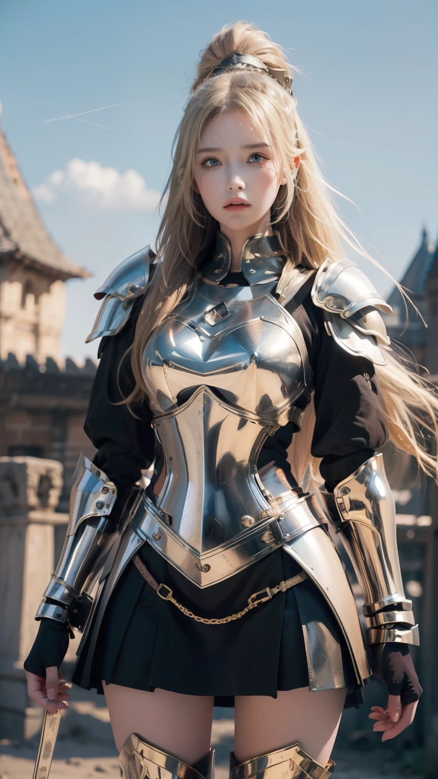 (((medieval image)))､tmasterpiece，High-definition CG diagram，Beautiful female warrior，Detailed eyes and face，Tall figure，The blonde，Full armor attire，Extra-long boots，Wear knee-length boots，Over-the-knee stockings，Brilliant armor colors，Exquisite decoration，General temperament，Tall figure，Wide buttock，Thick legs，A majestic sight，Stand in the war､(((Outdoor)))