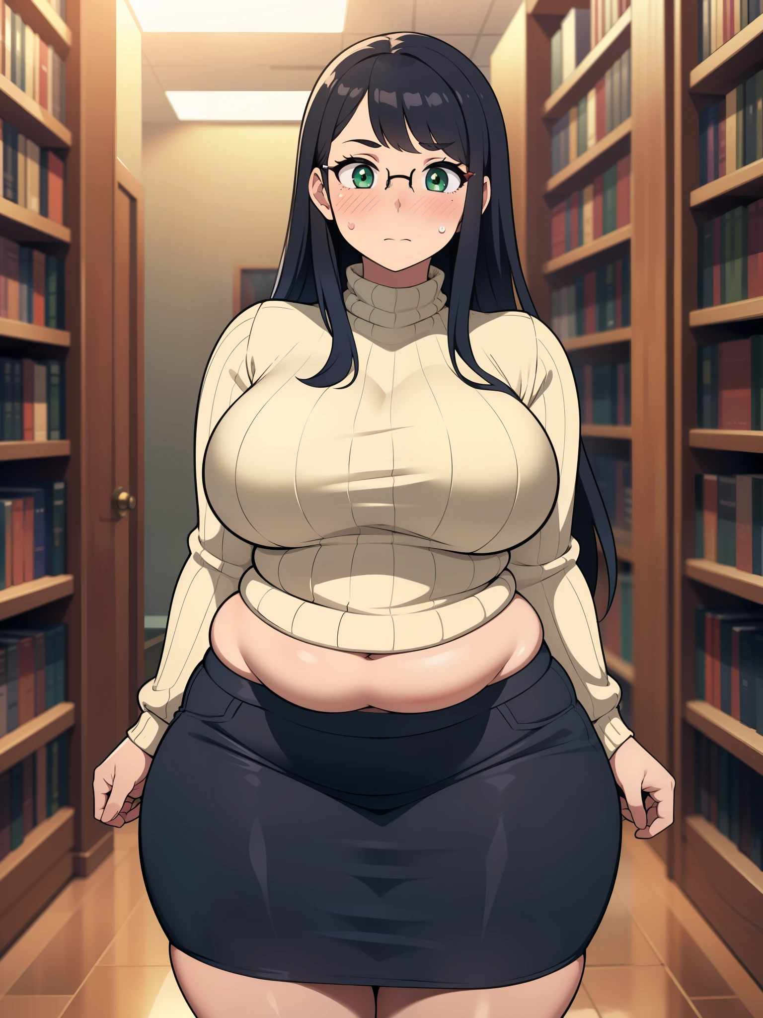((Masterpiece)), perfect anatomy, perfect shading, field of depth, (best quality), extremely delicate and beautiful, perfect lighting, detailed face, ultra cute face, cute, ((1girl)), ((solo))
long fluffy black hair, glasses, green eyes, ((blush)), embarrassed,, looking at viewer, sweater, short skirt, rms behind back, large , ((thick thighs)), (wide hips), (chubby),
intricate background, detailed background, library,