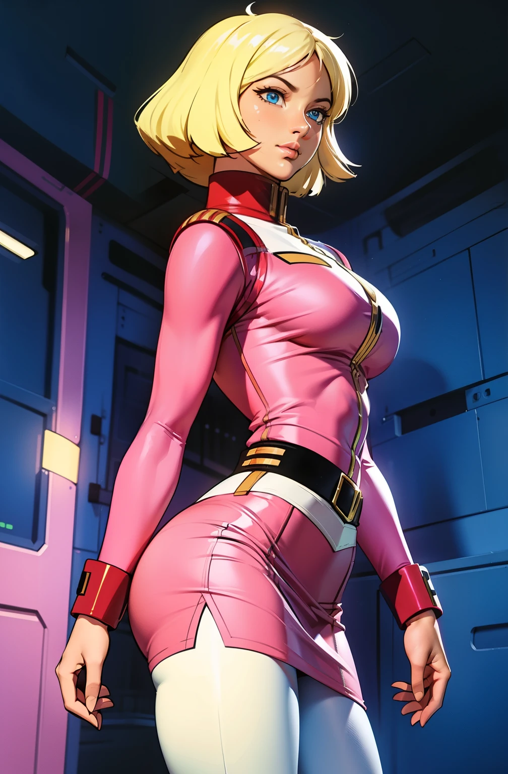 ((masterpiece)), ((cinematic lighting)), realistic photo、Real Images、Top image quality、1girl in, sayla mass, Elegant, masterpiece, Convoluted, slim arms, wide hips, thick thighs, thigh gaps, Best Quality, absurderes, high face detail, Perfect eyes, mature, Cowboy Shot, , Vibrant colors, soft pink uniform, soft pink Skirt, white tights, side view