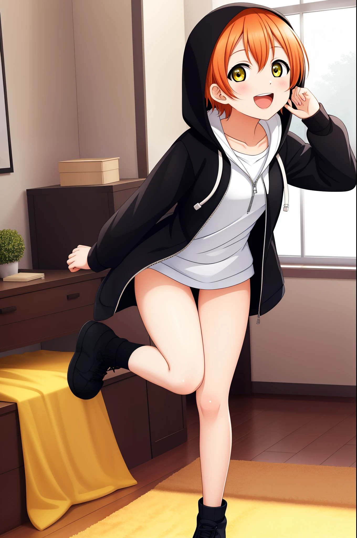 Masterpiece, best quality, Hoshizora rin, orange hair, yellow eyes, solo, looking_at_viewer, blush, smile, short_hair, open_mouth, long_sleeves, standing, collarbone, yellow_eyes, :d, indoors, hood, bare_legs, hoodie, standing_on_one_leg, hood_down, zipper, naked_hoodie, thighs, bottomless