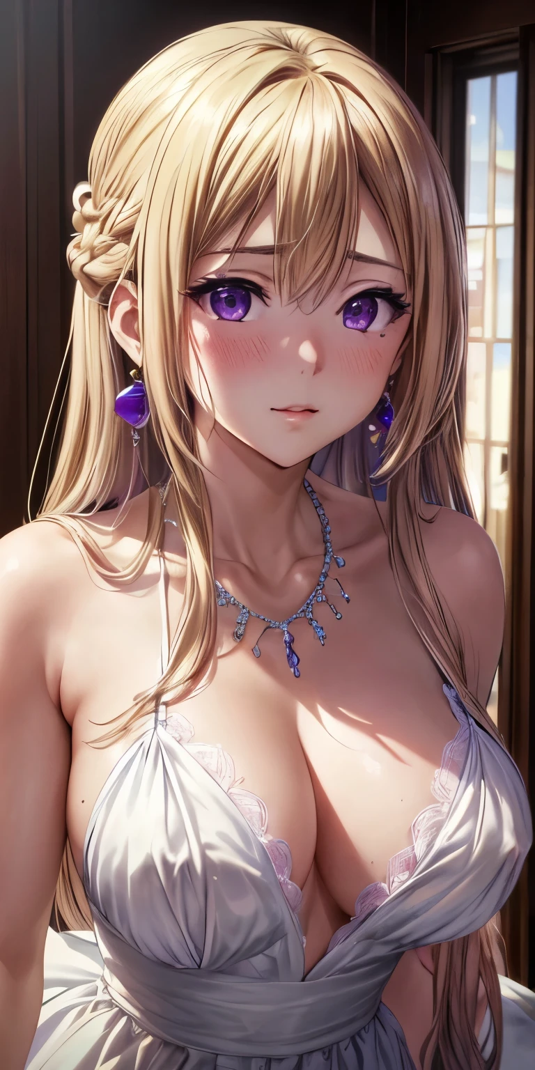 masterpiece, (best quality), 1woman,1girl ,1boy,,kawakami_mai,    blonde hair,  long hair, hair let down,  purple eyes, formal dress, white dress,   jewelry, necklace, earrings, large breasts, mole under eye,sexy woman, embarrassed,blush,  formal event,   vibrant colors ,,natural lighting  ,RTX,  , beautiful, (detailed face:1.2), showcase, (perfect eyes:1.1) ,(photorealistic:1.1), 8k uhd,  looking at viewer, indoors,  simple backround,nipples