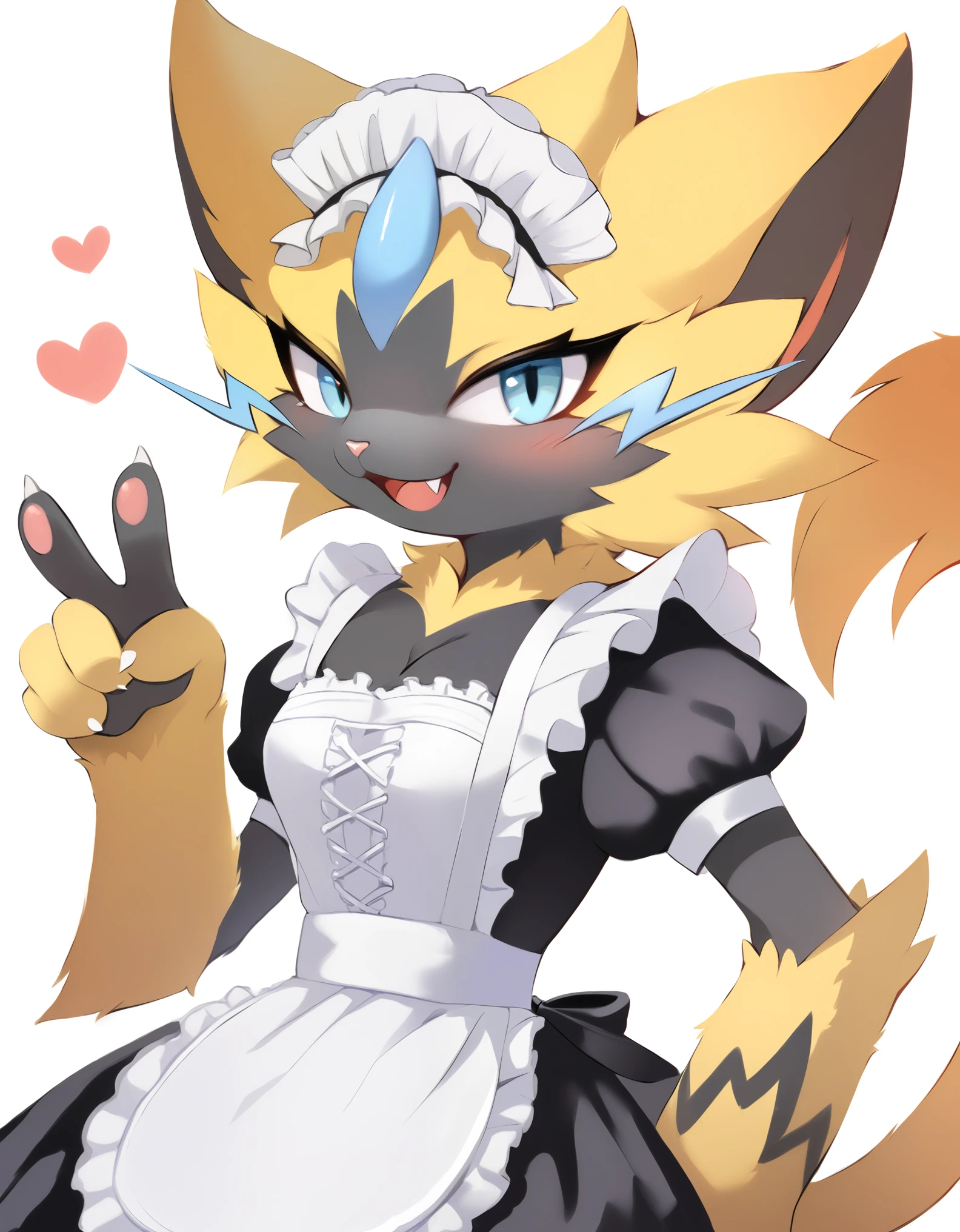 female, zeraora, furry, fluffy), cat nose, fluffy body, maid, peace sign