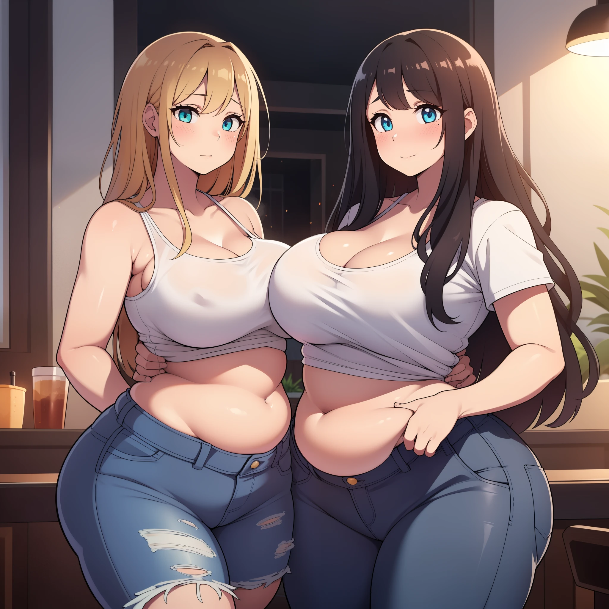 ((highres)), Masterpiece, high quality, best quality, beautiful, perfect lighting, detailed face, ultra cute face, ((blushing)), (((2girls))), one girl has blonde hair, blue eyes, crop top and shorts skindentation, one girl has brown hair, green eyes, jeans, white shirt, tight clothes, one girl has, full body, fast food restaurant, cleavage, medium breasts, ((wide hips)), ((thick thighs)), ((plump)), chubby belly, fat folds, belly hang, standing, touching each other,