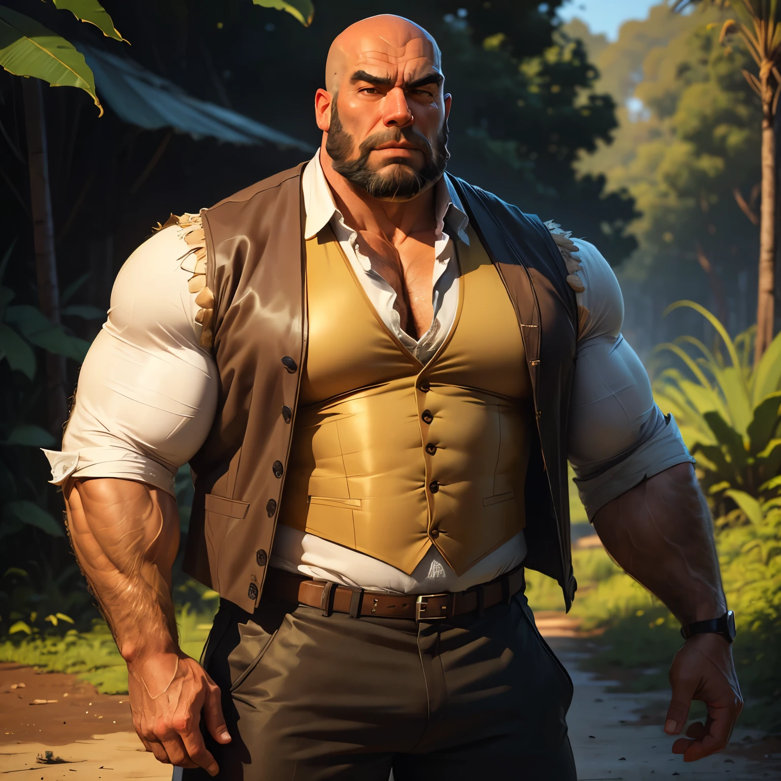an exaggeratedly muscular and large bodyguard, grizzly old man, (bald: 1.2), beard, tan skin, (scars on face: 1.1), (suspicious expression: 1.1), (wearing vest shirt: 1.2), unbuttoned, pants with belt, (crotch bulge: 1.2), (bara pecs: 1.3), (hairy chest and forearms: 1.2), portrait HD, in the jungle
