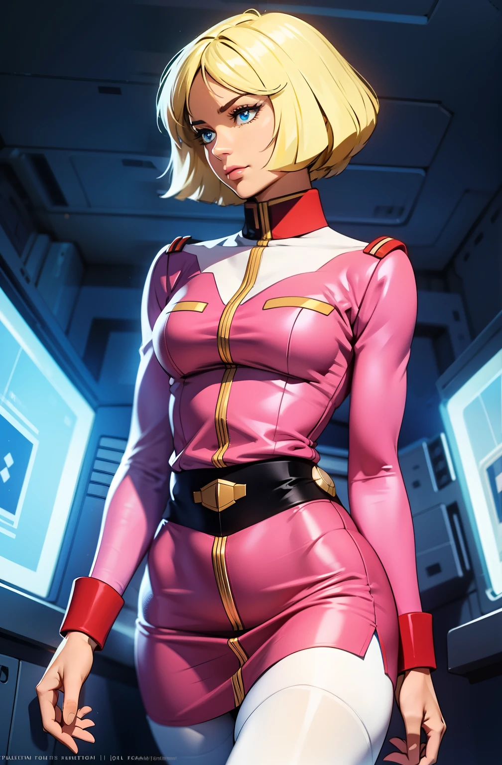 ((masterpiece)), ((cinematic lighting)), realistic photo、Real Images、Top image quality、1girl in, sayla mass, Elegant, masterpiece, Convoluted, slim arms, wide hips, thick thighs, thigh gaps, Best Quality, absurderes, high face detail, Perfect eyes, mature, Cowboy Shot, , Vibrant colors, soft pink uniform, soft pink Skirt, white tights, side view