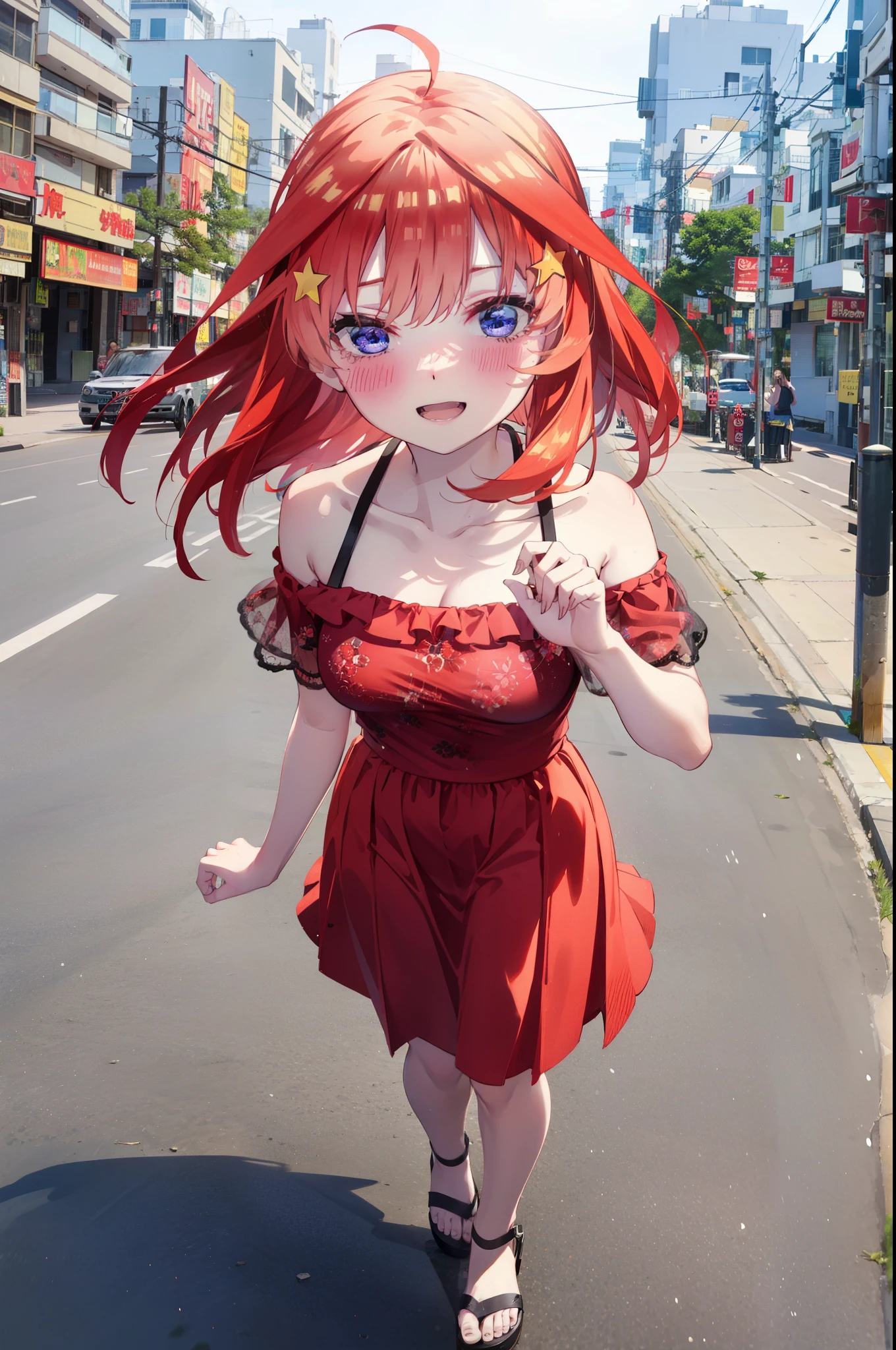 itsukinakano, Itsuki Nakano, bangs, blue eyes, Hair between the eyes, Ahoge, Redhead, star \(symbol\), hair ornaments, star hair ornaments,star型ペンダント,happy smile, smile, Open your mouth,Off-the-shoulder red dress,Exposing shoulders,Spring clavicle,Bare neck,Bare arms,Red long skirt,Cute heeled sandals,Real Summer,Daytime,sunny,My hair is blowing in the wind,whole bodyがイラストに入るように,Looking down from above,
break outdoors, city,海岸通り
break looking at viewer, whole body,
break (masterpiece:1.2), highest quality, High resolution, unity 8k wallpaper, (shape:0.8), (Beautiful details:1.6), Highly detailed face, Perfect lighting, Extremely detailed CG, (Perfect hands, Perfect Anatomy),