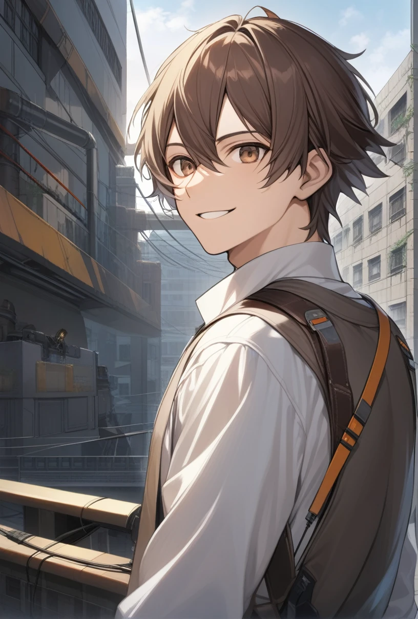 1 male, mechanical, smile, cable, Medium Hair, Brown eyes, Brown Hair, Upper Body, Study, laptop, building, Shining Eyes, From behind,  masterpiece, highest quality,