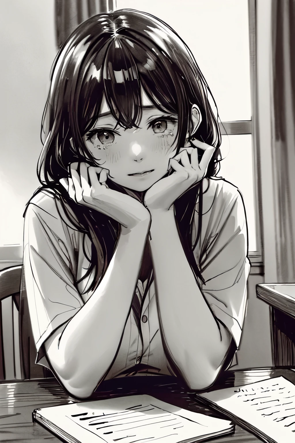 highest quality, masterpiece, Sketch Touch,Monochrome, Traditional Media, Pencil drawing, One girl, Big Breasts, JK, tears, Freedom girl character,target eye