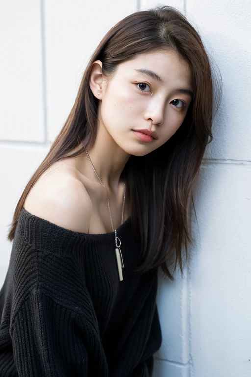 (Highly realistic photos, High resolution, Detailed face, Fine Eyes), ((Photographed in front of a white wall))、Japanese women, 20-year-old, ,A little dark, alone:1, Slim figure, ponytail, Casual clothing, one in the photo、See-through、Photographed in natural light、Simple Necklace、Spring Clothes、、profile、Dark brown hair color