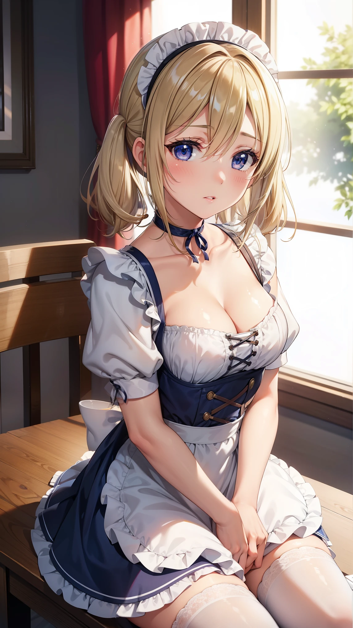 1girl, natural lighting, masterpiece, highly detailed, illustration, game CG, absurdres, high quality, beautiful detailed eyes, glossy lips, natural lighting, medium breasts, blonde hair, low twintails, bangs, hair between eyes, arisa ayase, aahiyori, maid, short puffy sleeves, white thigh highs, small maid apron, short hair, collarbone, cleavage, choker