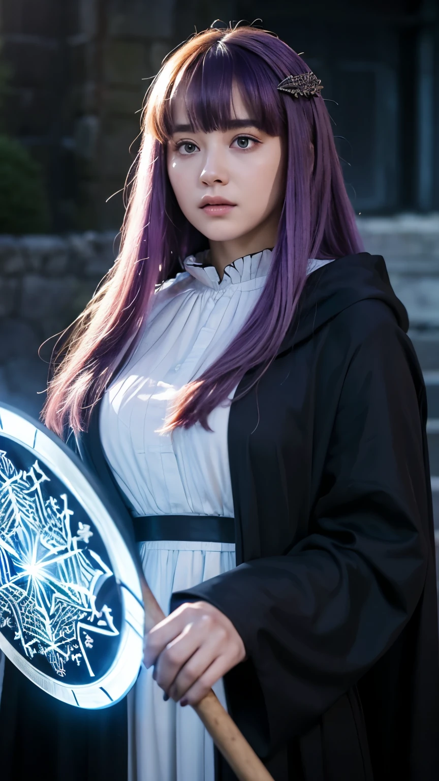 live-action, photo of, A hyper-realistic movie photograph inspired by the character Fern from 'Frieren: Beyond Journey's End'. The young woman has long, straight purple hair with blunt bangs, and her eyes are also purple, holding a long staff wooden stick with a curved end, She is wearing a long, flowing white dress Ruffles around the neck with ((a black cloak)), She has a serious expression on her face, ((casting a magical shield composed of hexagonal patterns with glowing blue lines:1.2)), Debris and rocks are flying around the shield. The background is blurred and grayish, night emphasizing the intensity of the scene.