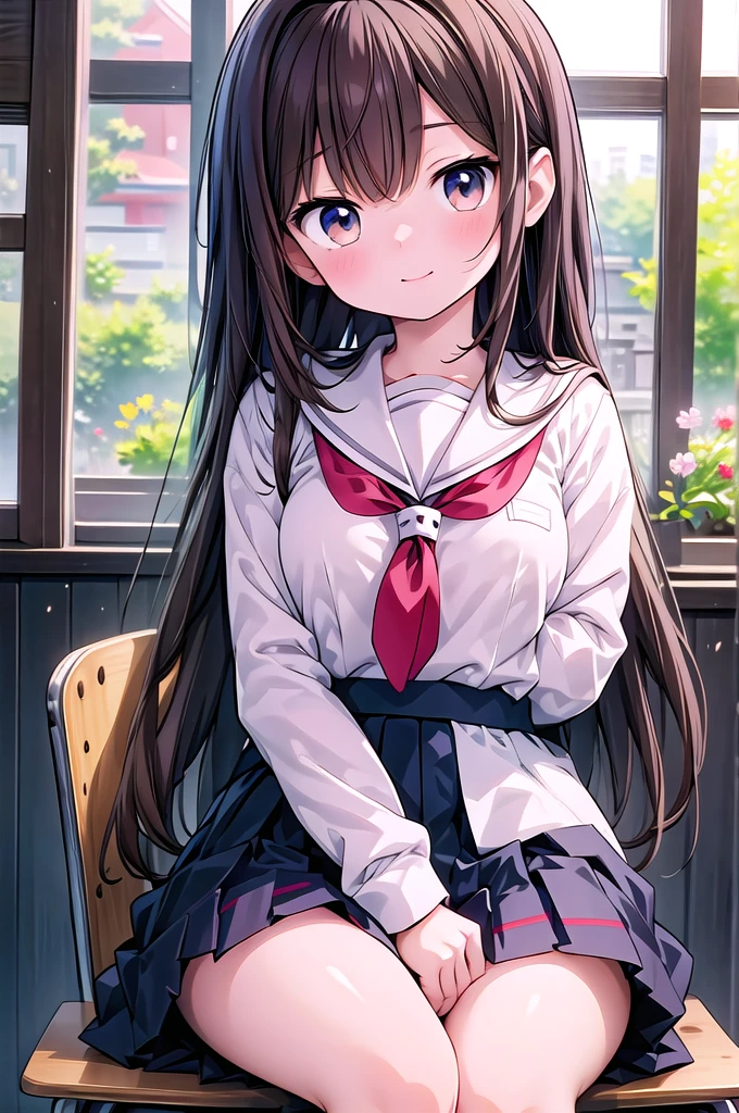 Upper Bodyクローズアップ、One woman,18-year-old,((highest quality)), masterpiece, Ultra-high resolution, 8k,Show anime style , One, Soft Line Art, Digital Enhancement, shojo anime touch, shojo manga core, Flowing fabric, close, Soft Drawing, (Ultra-Definition Digital Anime Art), Clear facial depiction, ((Super detailed girl cartoon character art)), (Ultra-detailed manga style), highest qualityの色, ((ショートカットのBrown Hair)), 美しいBrown Hair, (Clear brown eyes), Slightly chubby,Small breasts, Mountain Horizon, cherry blossoms, petal, Particles of light, Upper Body, One girl, Sailor,, Floating Hair, smile, Sitting, Open your mouth, Particles of light, Brown Hair, Brown Eye, View Viewer, Face Focus