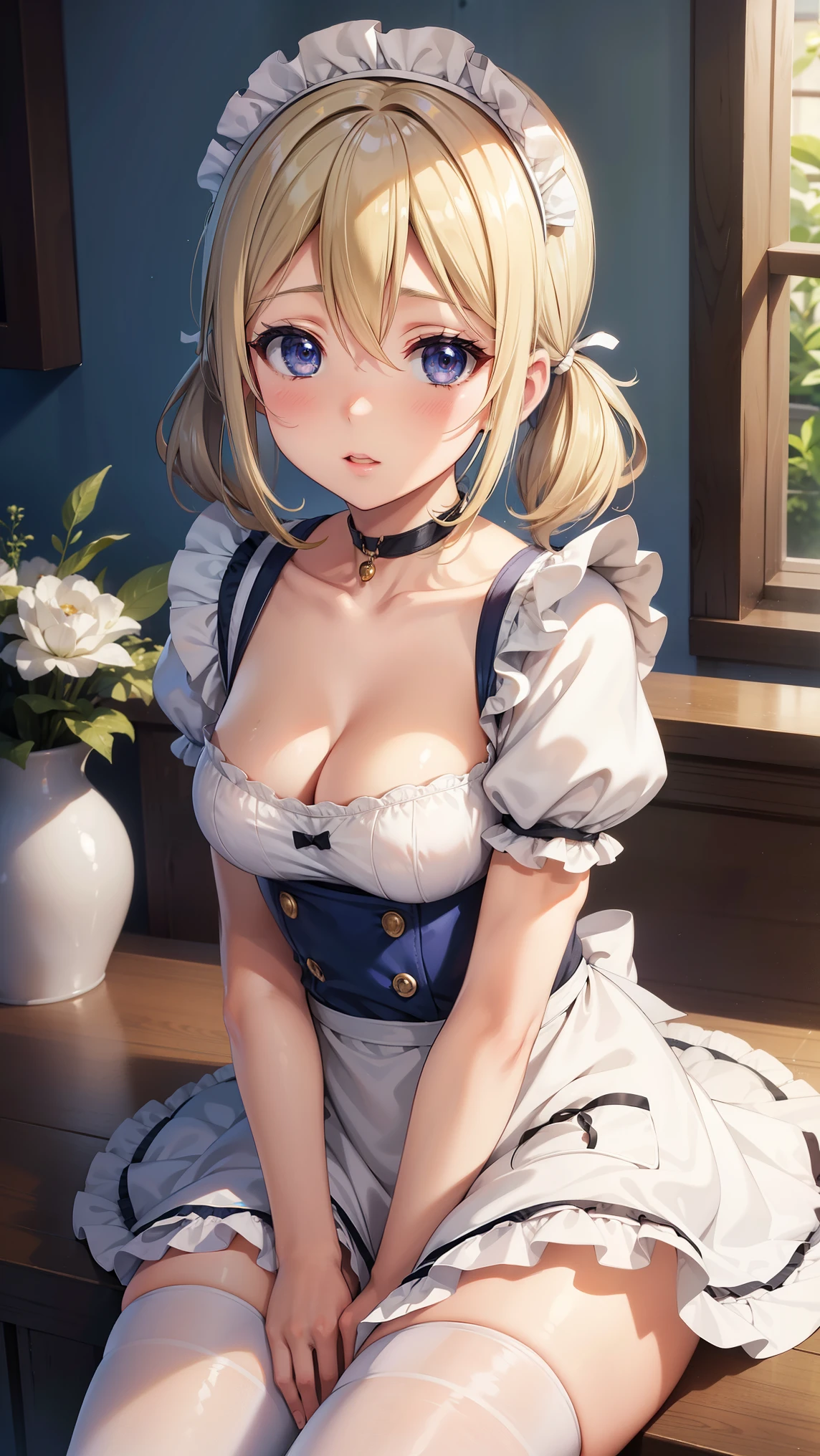 1girl, natural lighting, masterpiece, highly detailed, illustration, game CG, absurdres, high quality, beautiful detailed eyes, glossy lips, natural lighting, medium breasts, blonde hair, low twintails, bangs, hair between eyes, arisa ayase, aahiyori, maid, short puffy sleeves, white thigh highs, small maid apron, short hair, collarbone, cleavage, choker