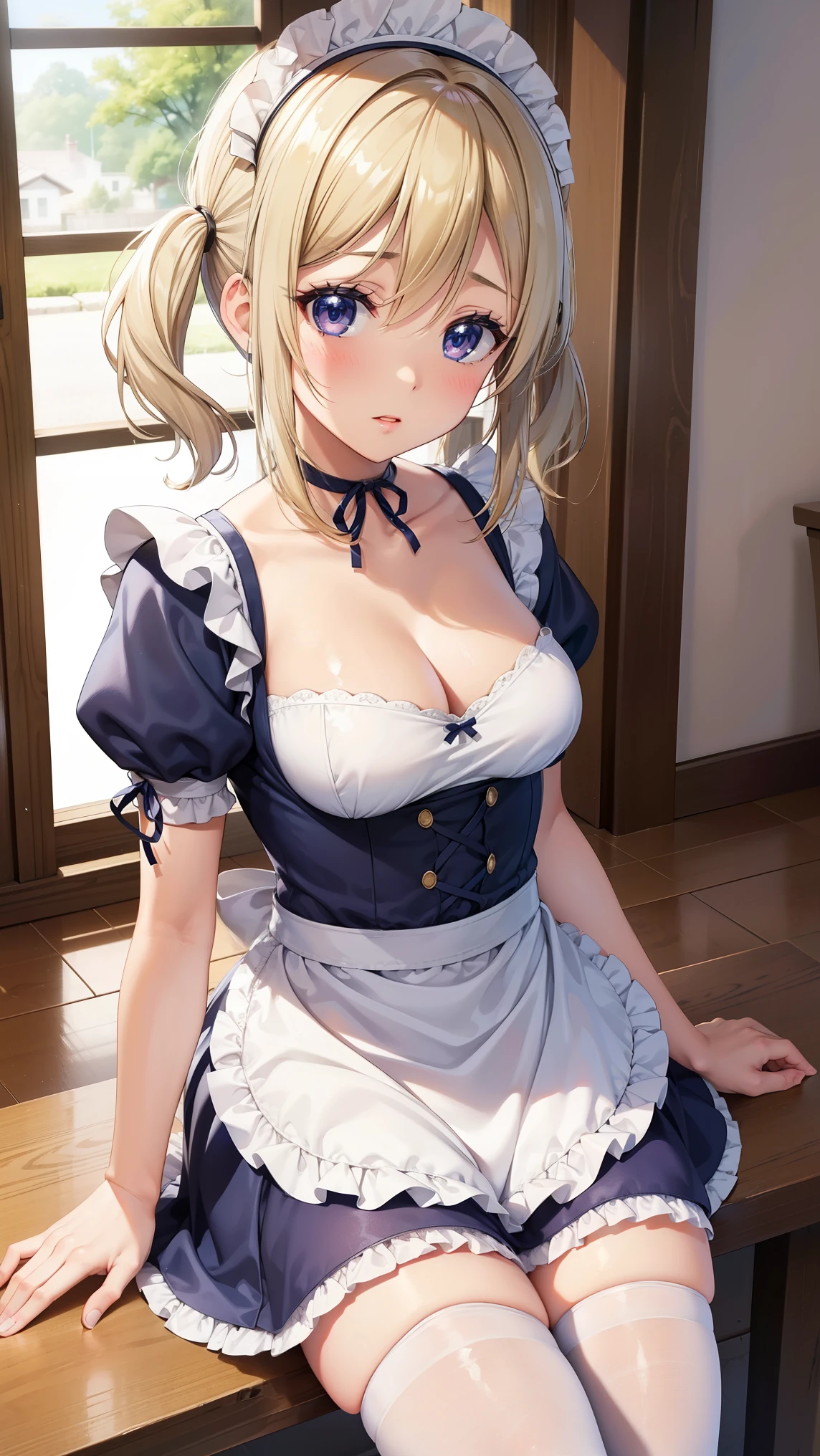 1girl, natural lighting, masterpiece, highly detailed, illustration, game CG, absurdres, high quality, beautiful detailed eyes, glossy lips, natural lighting, medium breasts, blonde hair, low twintails, bangs, hair between eyes, arisa ayase, aahiyori, maid, short puffy sleeves, white thigh highs, small maid apron, short hair, collarbone, cleavage, choker