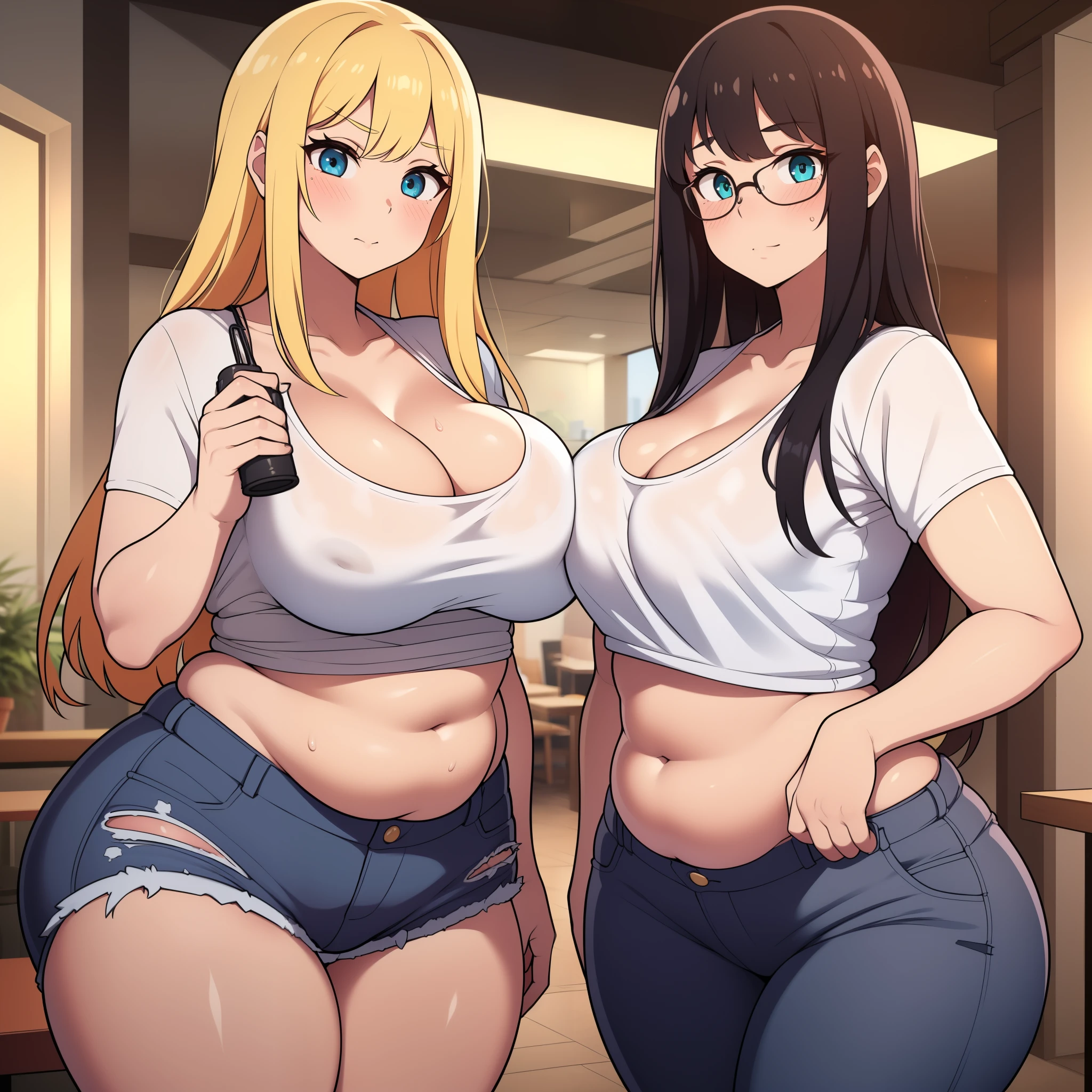 ((highres)), Masterpiece, high quality, best quality, beautiful, perfect lighting, detailed face, ultra cute face, ((blushing)), (((2girls))), one girl has blonde hair, blue eyes, crop top and shorts skindentation, one girl has brown hair, green eyes, jeans, white shirt, tight clothes, one girl has, full body, fast food restaurant, cleavage, medium breasts, ((wide hips)), ((thick thighs)), ((plump)), chubby belly, fat folds, belly hang, standing, touching each other, (belly grab),