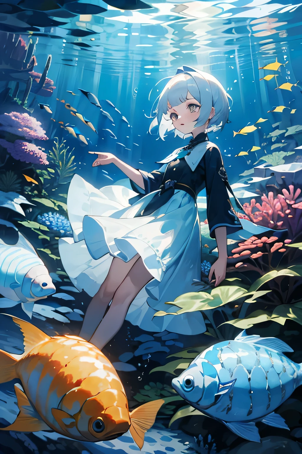 Undersea juvenile silver-haired shell house,Girl with short white hair,Colorful bubbles,a plant,Glowing small fish,Sparkling,ocean floor,