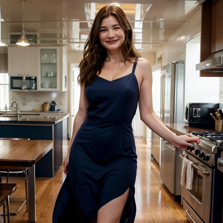 Kathryn Hahn in navy dress sexy and smiling