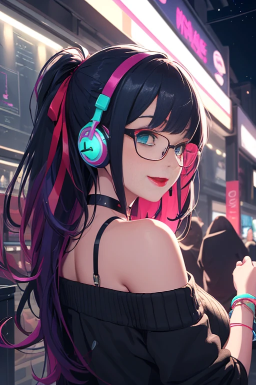 ((best quality)), ((masterpiece)), (detailed), perfect face, female, gamer girl, aqua eyes, cherry-red lips, light smile, long black hair, purple streaks, wearing headphones, bangs, ribbon, choker, bracelet, nerdy glasses, sleeves past fingers, black off-shoulder sweater, large breasts, gamer girl's bedroom, nighttime, neon lights, colorful lights, view from behind
