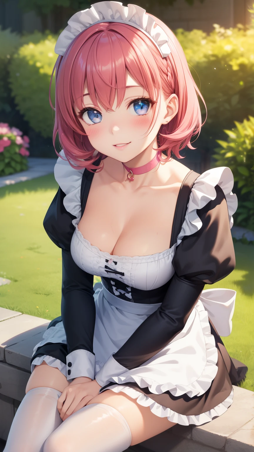 1girl, natural lighting, masterpiece, highly detailed, illustration, game CG, absurdres, high quality, aichan, large breasts, beautiful detailed eyes, medium bright pink hair, bangs, glossy lips, light smile, blush, garden, maid, short puffy sleeves, small maid apron, thigh highs, collarbone, cleavage, sitting, (knees bent), choker