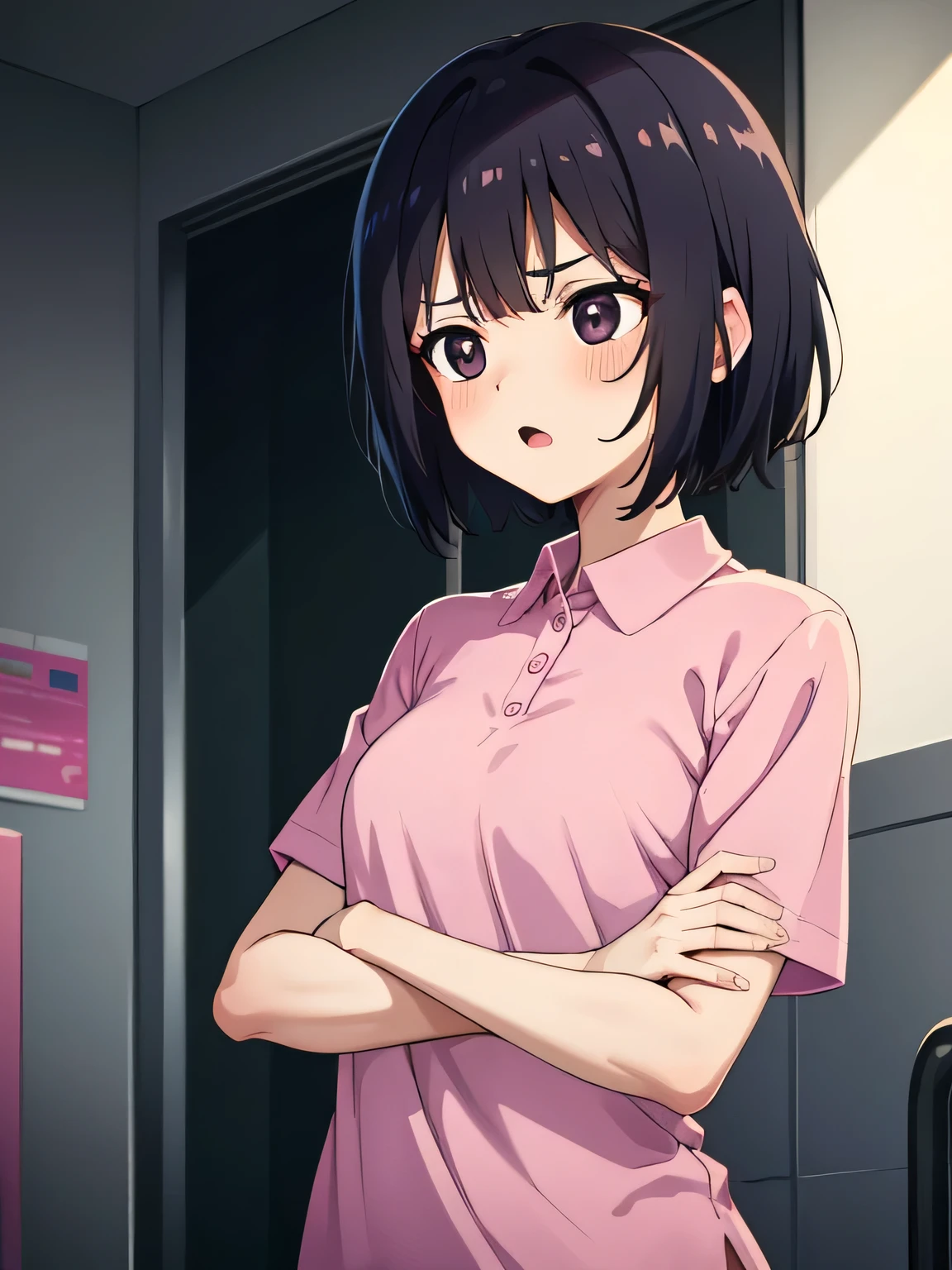 1. Beautiful girl in a magenta polo shirt, short hair, Small breasts, Embarrassing, Beautiful fingers, Shyness, worries, Black Hair, No underwear, Crouching, black eyes, hospital, beautiful, cute, high quality, short sleeves No bra, Open your mouth
