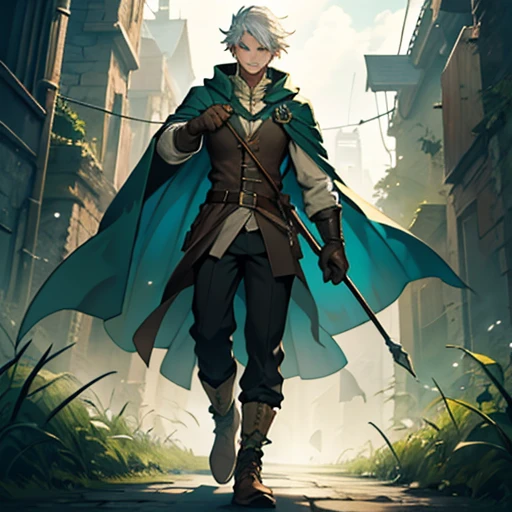 Human Male , Wizard  , white short Tied hair, Clear Skin ,waistCoat ,dark age Clothing ,smug face , Green eyes ,Smile , Farm Gloves ,solo ,Full body ,Wizard cloak