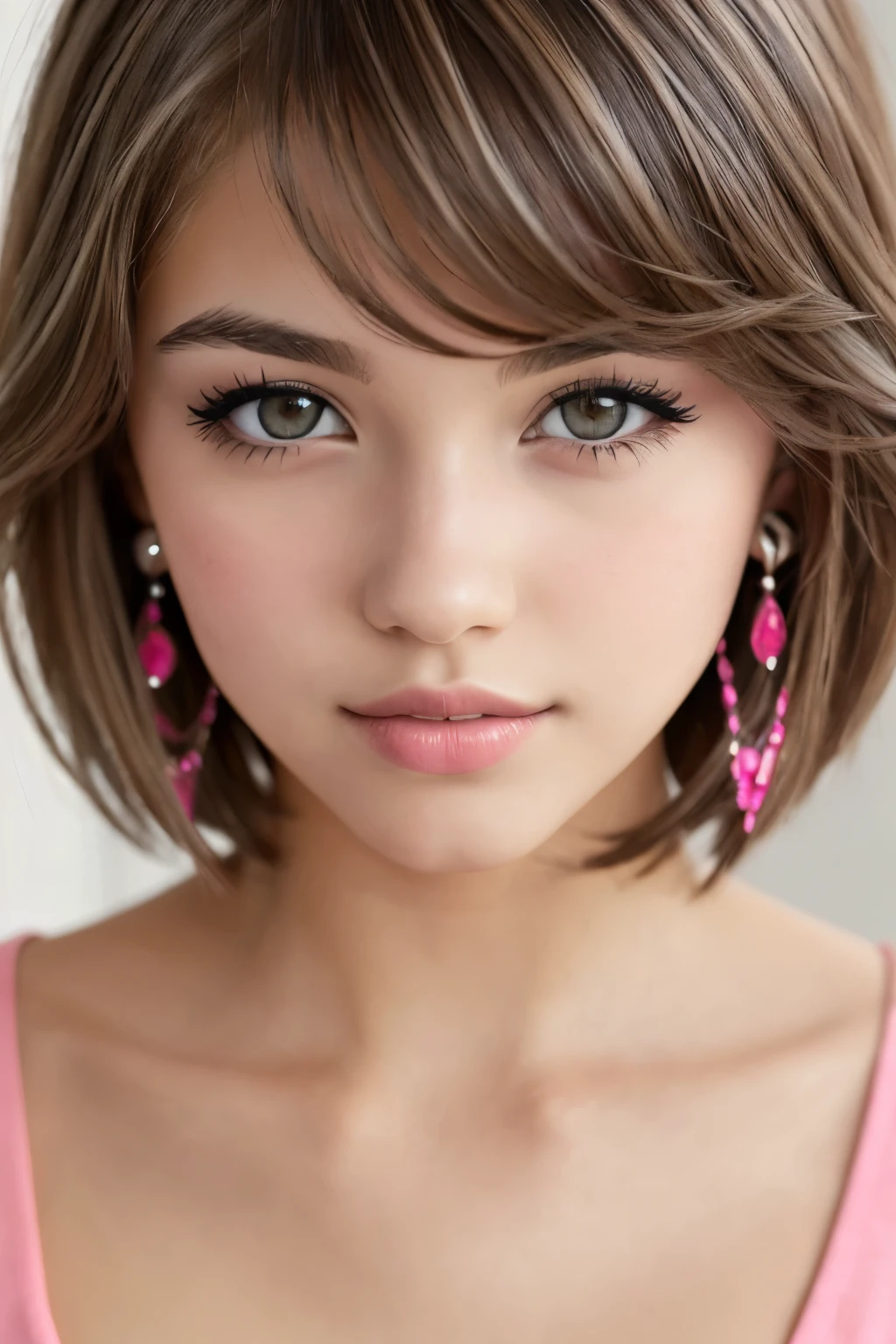 beautiful girl, brown_eyes, ((beautiful slim age girl 18 year old, hair color [Brown highlights hair], [undercut pixie] hair)), earrings, lips, realistic, narrow waist, charming, pink lipstick, colorful makeup, long eyelashes, earrings, wearing eyeliner, fair skin, (cute), (detailed face), detailed eyes, detailed iris, full body