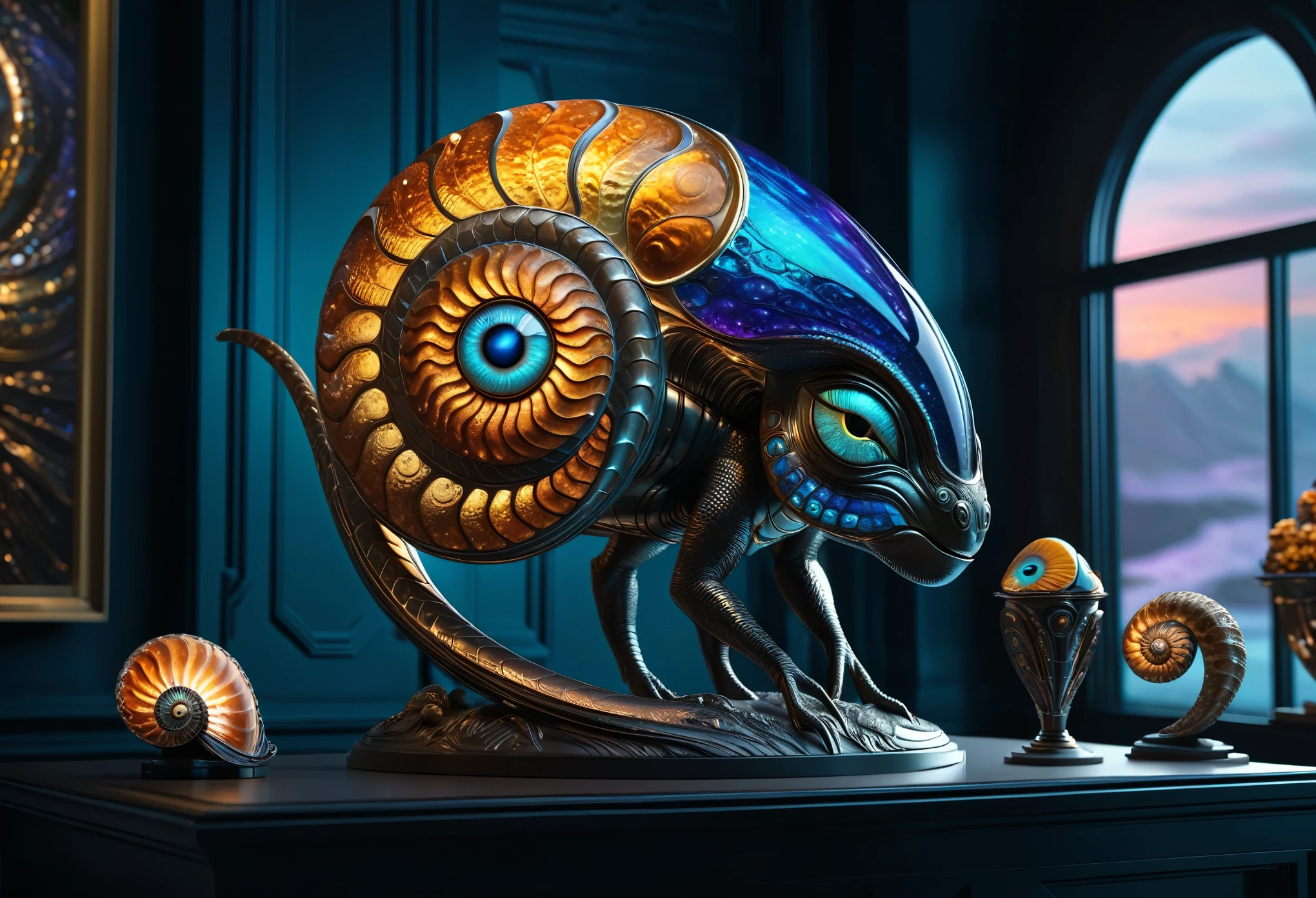 Alien anthropomorphic ammonite creatures evolve into the paragon of the galactic civilization, exhibiting a cool and fashion-forward aesthetic. The artwork showcases intricate 3D effects that bring depth and realism to the scene. The alien beings possess vibrant and eye-catching colors that reflect their unique evolution. The lighting illuminates their mesmerizing forms, highlighting the intricate details of their ornate shells. The creatures' eyes are detailed and captivating, drawing the viewer into their otherworldly gaze. The ammonite beings exude confidence and grace, their movements and poses accentuating their regal presence. The background features a futuristic landscape, bathed in soft hues and ethereal lighting, adding to the otherworldly allure of the artwork. The image quality is of the highest caliber, with a resolution of 4K or 8K, allowing every intricate detail to be vividly captured. The artwork combines elements of digital illustration and 3D rendering, resulting in a visually stunning masterpiece that showcases the evolution of the alien race. The artwork captures the essence of their advanced civilization, blending cutting-edge technology with an artistic flair. The intricate 3D effects and attention to detail elevate the artwork to a new level, creating a visual experience that mesmerizes and captivates the viewer. The overall composition exudes a sense of awe and fascination, inviting the audience to immerse themselves in the alien world and appreciate the beauty of their evolution.