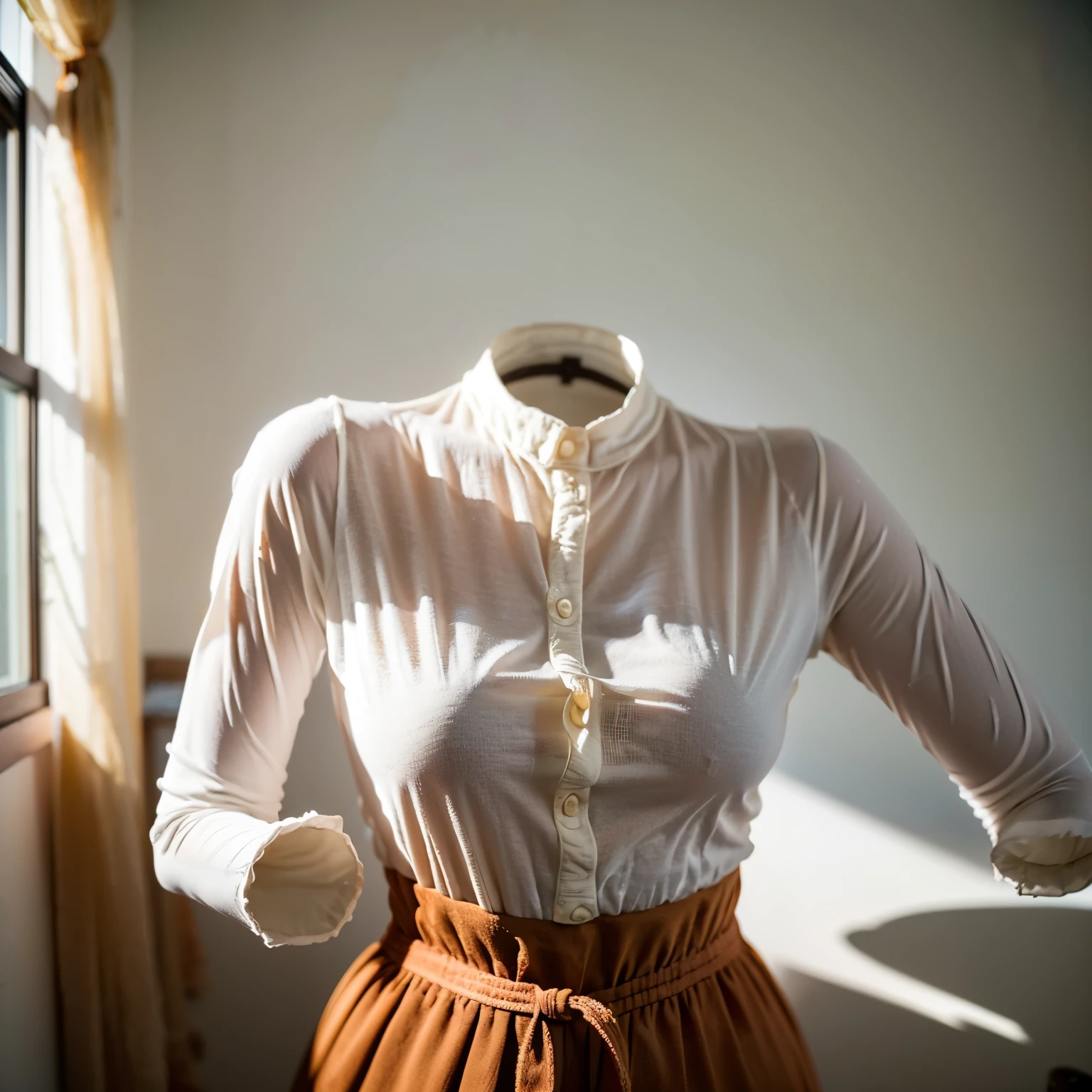 frill blouse, fat, cute big breasts, (invisible, no human, headless, handless:1.5), (8k, RAW photo, best quality, masterpiece:1.2), (realistic, photo-realistic:1.37), photon mapping, radiosity, ((Hasselblad photography)), physically-based rendering
