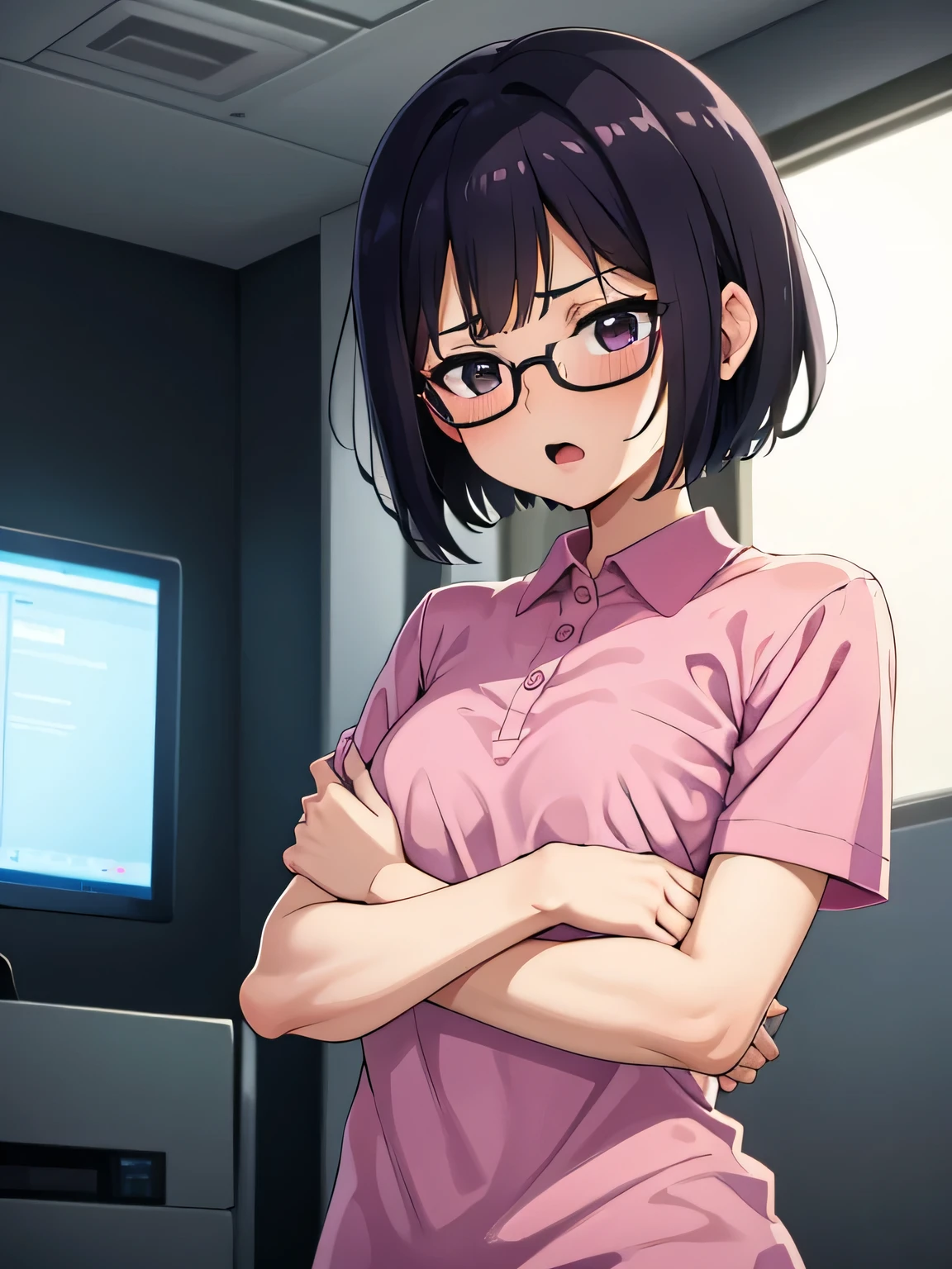 1. Beautiful girl in a magenta polo shirt, short hair, Small breasts, Embarrassing, Beautiful fingers, Shyness, worries, Black Hair, No underwear, Crouching, black eyes, hospital, beautiful, cute, high quality, short sleeves　No bra, Open mouth glasses