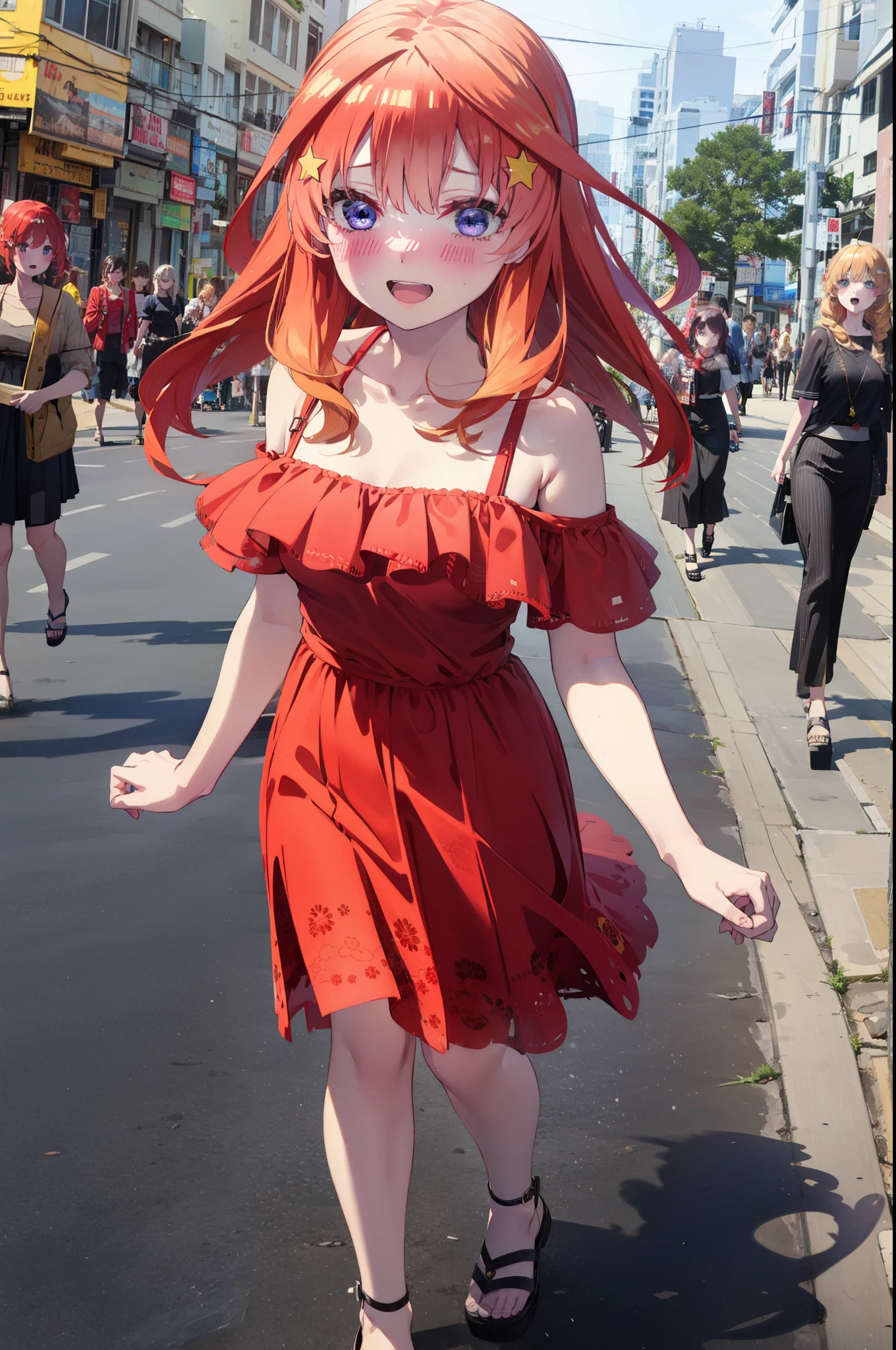 itsukinakano, Itsuki Nakano, bangs, blue eyes, Hair between the eyes, Ahoge, Redhead, star \(symbol\), hair ornaments, star hair ornaments,star型ペンダント,happy smile, smile, Open your mouth,Off-the-shoulder red dress,Exposing shoulders,Spring clavicle,Bare neck,Bare arms,Red long skirt,Cute heeled sandals,Real Summer,Daytime,sunny,My hair is blowing in the wind,whole bodyがイラストに入るように,Looking down from above,
break outdoors, city,海岸通り
break looking at viewer, whole body,
break (masterpiece:1.2), highest quality, High resolution, unity 8k wallpaper, (shape:0.8), (Beautiful details:1.6), Highly detailed face, Perfect lighting, Extremely detailed CG, (Perfect hands, Perfect Anatomy),