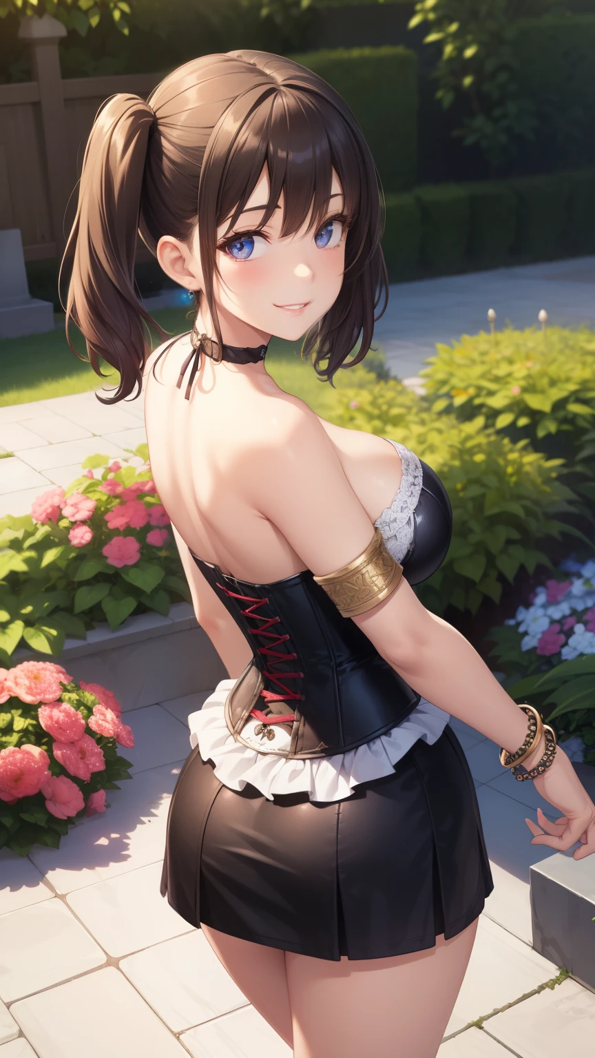 1girl, natural lighting, masterpiece, highly detailed, illustration, game CG, absurdres, high quality, aichan, large breasts, beautiful detailed eyes, medium hair, twintails, bangs, glossy lips, smirk, garden, standing, strapless corset, miniskirt, cleavage, jewelry, choker, bracelets, armband, looking back at viewer