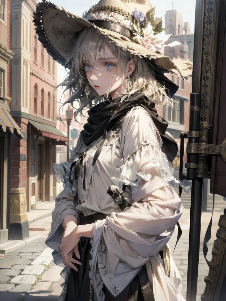 western hat, western fashion, western townscape, absurdres, RAW photo, extremely delicate and beautiful, masterpiece, Best Quality, ultra high resolution, 32k, hyperrealistic, ultra-detailed, detailed description, pale skin, 20 years old, tearful mole, earring, short medium hair, wavy hair, whole body shot,