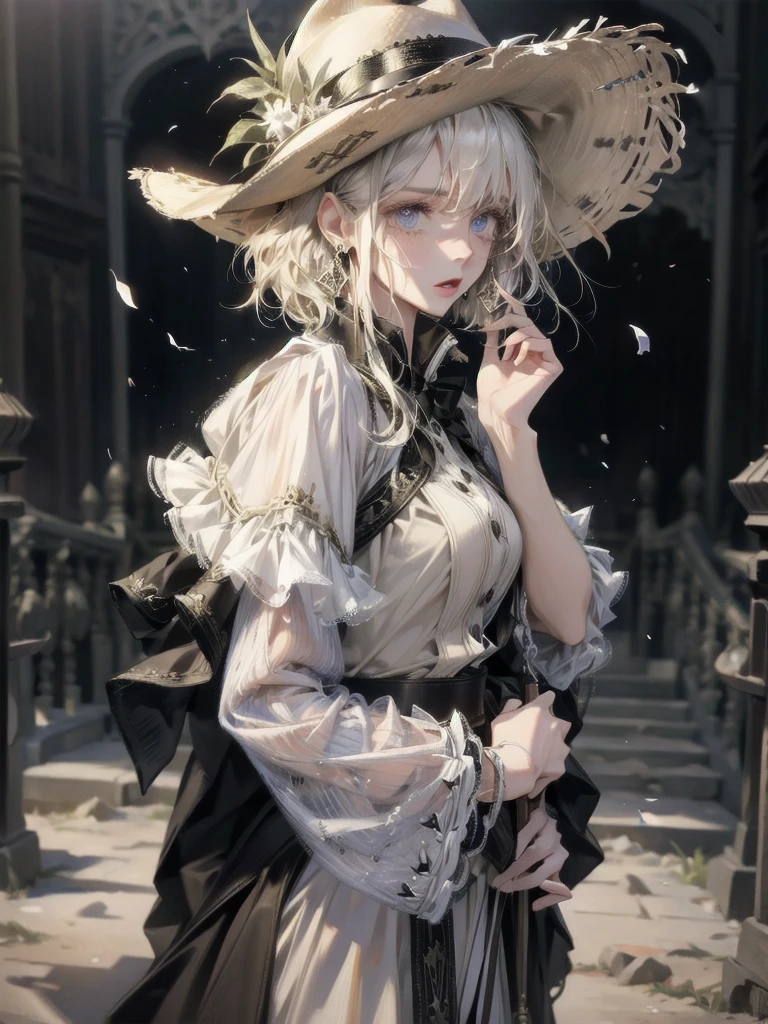 western hat, western fashion, western townscape, absurdres, RAW photo, extremely delicate and beautiful, masterpiece, Best Quality, ultra high resolution, 32k, hyperrealistic, ultra-detailed, detailed description, pale skin, 20 years old, tearful mole, earring, short medium hair, wavy hair, whole body shot,