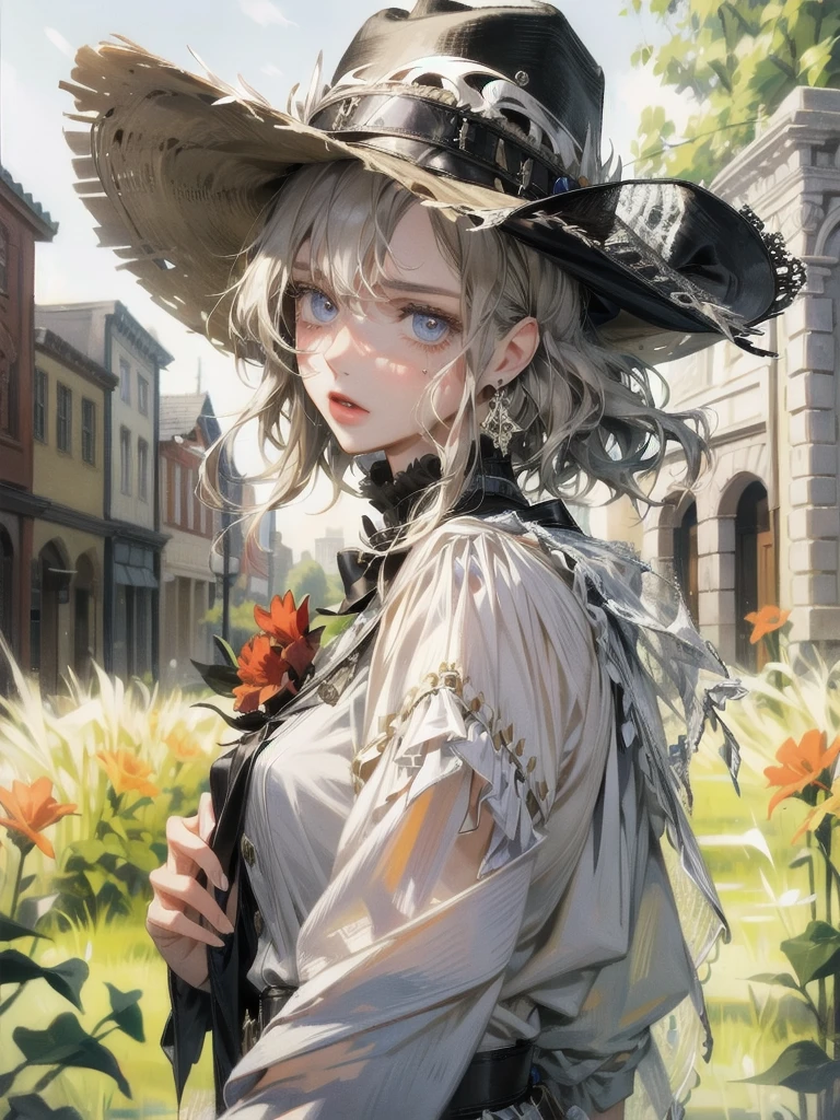 western hat, western fashion, western townscape, absurdres, RAW photo, extremely delicate and beautiful, masterpiece, Best Quality, ultra high resolution, 32k, hyperrealistic, ultra-detailed, detailed description, pale skin, 20 years old, tearful mole, earring, short medium hair, wavy hair, whole body shot,