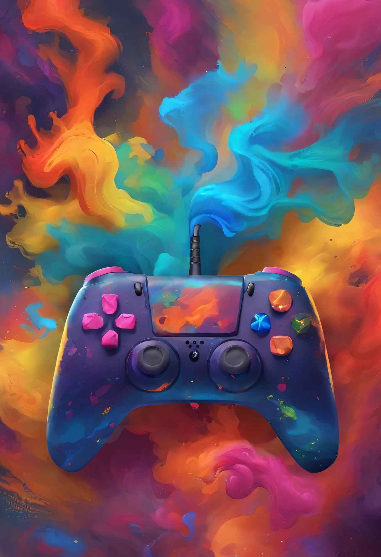 a close up of a controle de videogameler with a lot of smoke, jogador aesthetic, jogador themed, para ps5, jogos, controladores, papel de parede do telefone hq 4k, capa de videogame, plays videojogos, controle de videogame, PlayStation, brilho colorido, game aesthetics, jogos, arte digital de videogame, videogame, jogador, cores pingando, Estilo de videogame