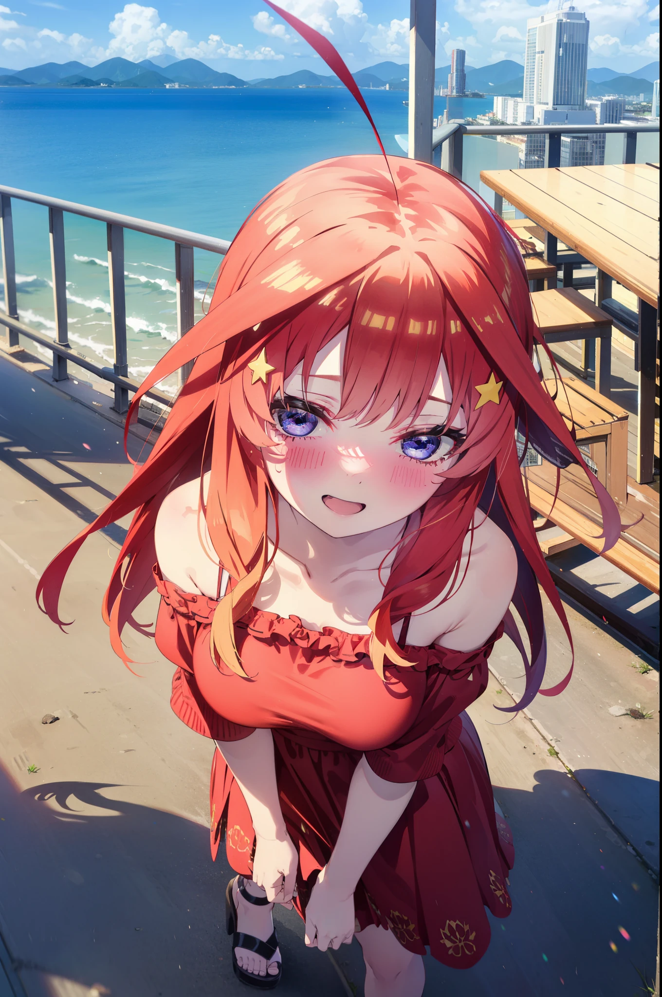 itsukinakano, Itsuki Nakano, bangs, blue eyes, Hair between the eyes, Ahoge, Redhead, star \(symbol\), hair ornaments, star hair ornaments,star型ペンダント,happy smile, smile, Open your mouth,Off-the-shoulder red dress,Exposing shoulders,Spring clavicle,Bare neck,Bare arms,Red long skirt,Cute heeled sandals,Real Summer,Daytime,sunny,My hair is blowing in the wind,whole bodyがイラストに入るように,Looking down from above,
break outdoors, city,海岸通り
break looking at viewer, whole body,
break (masterpiece:1.2), highest quality, High resolution, unity 8k wallpaper, (shape:0.8), (Beautiful details:1.6), Highly detailed face, Perfect lighting, Extremely detailed CG, (Perfect hands, Perfect Anatomy),
