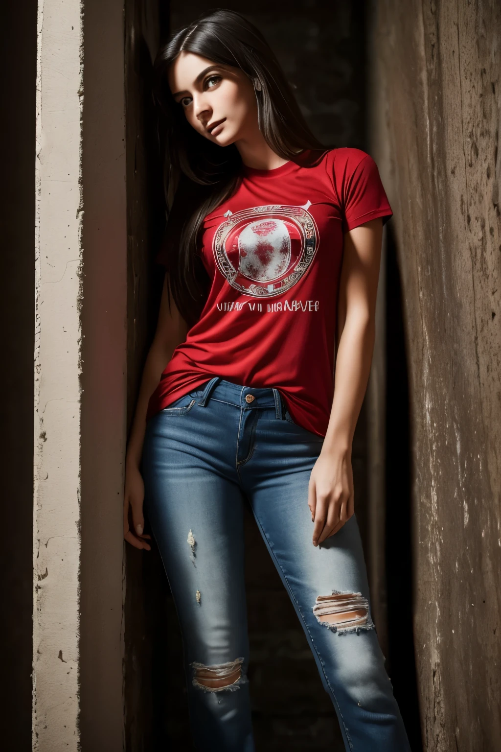 Highly detailed, long hair, gentle smile. red tight t shirt , intricatesparkly short jeans, leaning on wall. dark ambient. background moon. full shot. far shoot, beautiful girl