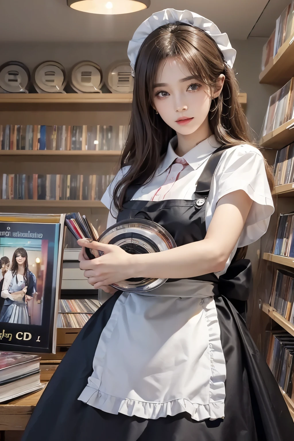 ((highest quality、8K、masterpiece:1.3))、standing、Sharp focus:1.2、(Realistic、Photorealistic:1.37)、Laughter、Woman with beautiful face、28 years old、Pointed Chest、Long eyelashes、Colored Contact Lenses、big 、Delicate、Very fine grain、Highly detailed eyebrows、(Sharp eyebrows)、(Thin eyebrows).Highly detailed face、(Brunette messy hair:1.3、From below、Detailed Background(8K、masterpiece、highest quality、Raw photo、Brunette messy hair:1.3、(CD Shop:1.3)、(Idol Costumes:1.2)、(I have a CD:1.4)、(apron:1.3)、Full body