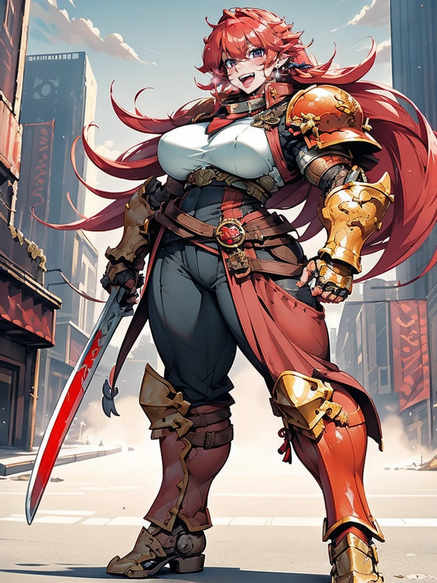 tomboy, warrior, berserker, tall female, muscular female, living hair, sauvage,, medieval clothing, fantasy, fantasy weapon, huge breasts, barbarian pants, , combat boots, armor, red hair, crazy smile, open mouth, biceps, necktie, thick arms,pullover, solo focus, long hair, , crazy smile, long hair, pants, noble cloths, noble clothing, french cloths, very long hair, BOOTS, full body, pink lips, hime cut